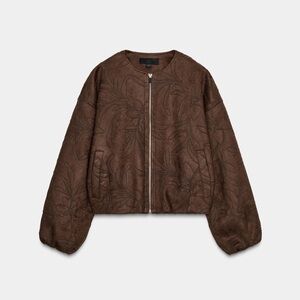 New Zara embroidered faux suede bomber jacket in brown - small